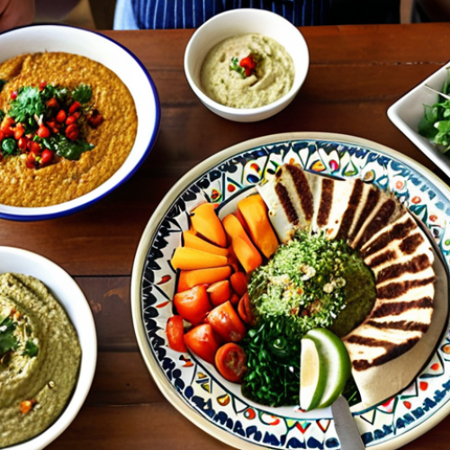 Home 11 **Vibrant Middle Eastern Feast with Plant-Based Delights:** A joyful modern Middle Eastern family gathered around a beautifully set dining table. The spread includes traditional regional dishes like hummus, tabbouleh, and fresh salads, seamlessly blended with innovative plant-based alternatives such as delicious 'plant-based kebabs' and 'plant-based Shawarma' wraps. The scene exudes warmth, health, and abundance, showcasing how sustainable food choices are becoming an integral, celebrated part of everyday life in the region.