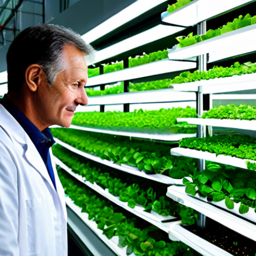Home 6 A professional agricultural scientist, middle-aged, wearing a clean, modest lab coat over professional attire, standing confidently and gently observing lush, green plants growing in a multi-layered vertical farming system. The scene is inside a state-of-the-art vertical farm, illuminated by soft, specialized LED grow lights. The background shows rows of vibrant produce, advanced hydroponic systems, and a clean, controlled environment. A subtle hint of a modern city skyline is visible through a large window in the distance. The image should convey a high-tech, clean, and optimistic mood.